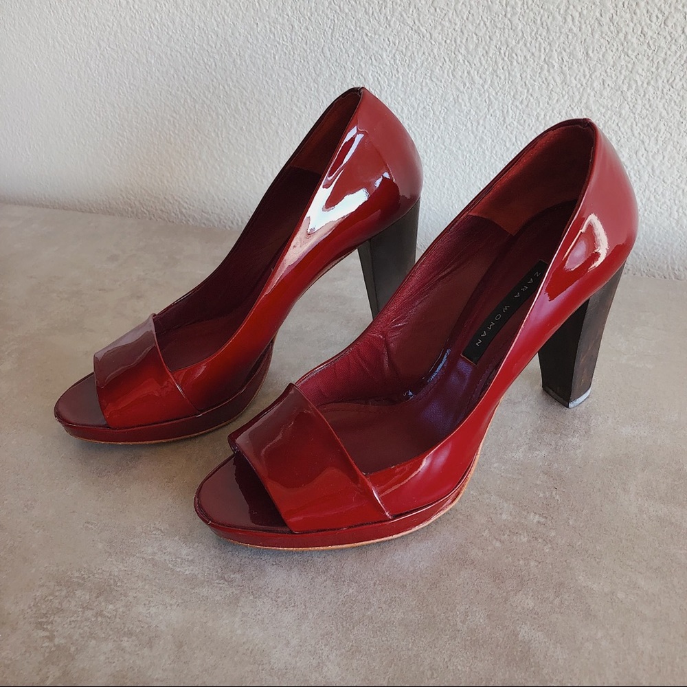Zara Red Patent Peep Toe Pumps